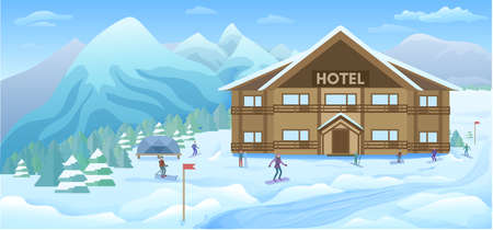 Winter resort background with hotel building skiing snowboarding people on snowy forest and mountains landscape vector illustrationのイラスト素材