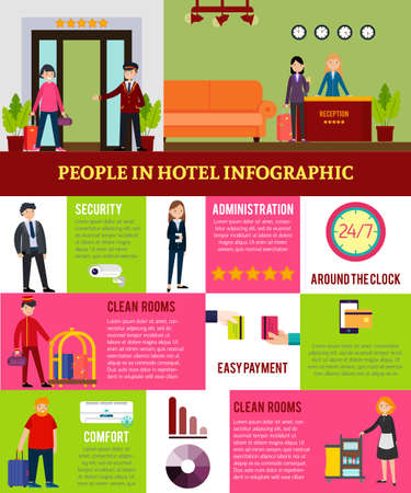 People in hotel infographic template with tourists workers top quality services and living conditions vector illustrationのイラスト素材