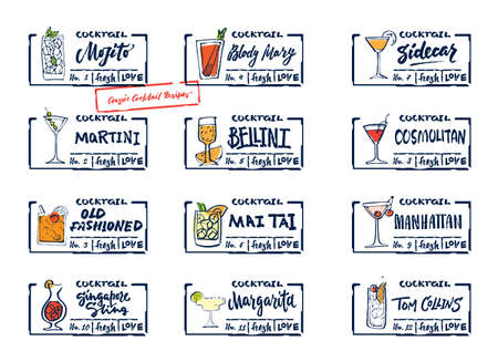 Sketch alcohol drinks labels set with calligraphic inscriptions colorful classic cocktails and beverages isolated vector illustrationのイラスト素材