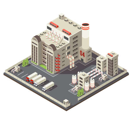 Colored 3d factory industrial area isometric with modern urban construction on piece of land vector illustrationのイラスト素材