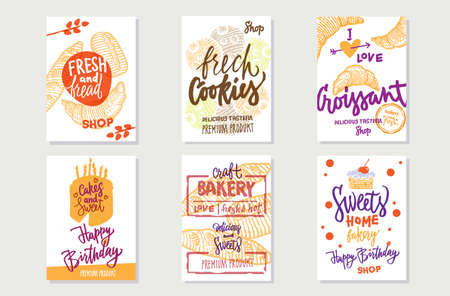 Sketch premium bakery posters with colorful inscriptions and fresh bread and pastry products vector illustrationのイラスト素材