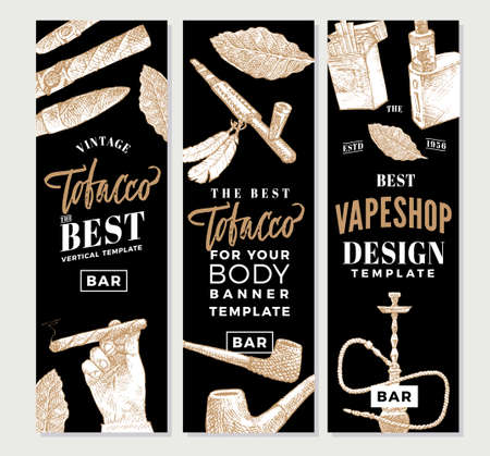 Vintage tobacco vertical banners with hand drawn smoking accessories and products vector illustrationのイラスト素材