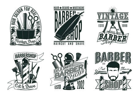 Monochrome vintage barber shop set with  inscriptions haircut equipment tools and accessories isolated vector illustrationのイラスト素材