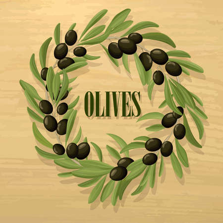 Cartoon natural black olive template with wreath of organic tree branches on light background vector illustrationのイラスト素材