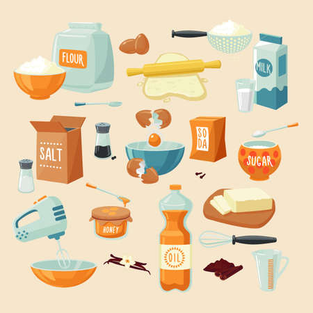 Baking ingredients set with flour dough milk butter eggs honey oil food seasoning spices kitchenware isolated vector illustrationのイラスト素材