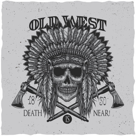 American Indian Chief Skull With Tomahawk. T-shirt label design. Hand drawn illustration.のイラスト素材