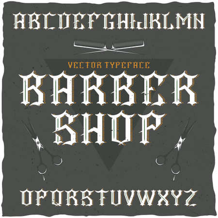 Barber Shop label font and sample label design with decoration and ribbon. Vintage font, good to use in any classic style labels.のイラスト素材