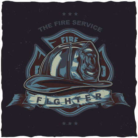 Firefighter t-shirt label design with illustration of helmet with Crossed Axes. Hand drawn illustration.のイラスト素材
