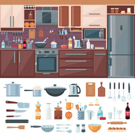 Kitchen interior elements set with refrigerator stove microwave shelves sink utensil tools and cutlery isolated vector illustrationのイラスト素材