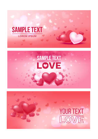Bright love festive horizontal banners with beautiful colorful elegant hearts and place for text vector illustrationのイラスト素材