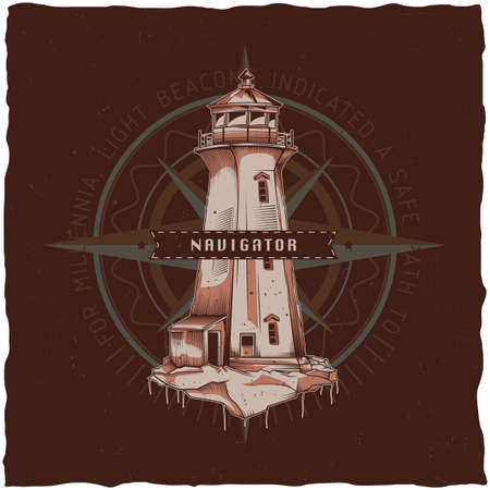 Nautical t-shirt label design with illustration of old lighthouse. Hand drawn illustration.のイラスト素材