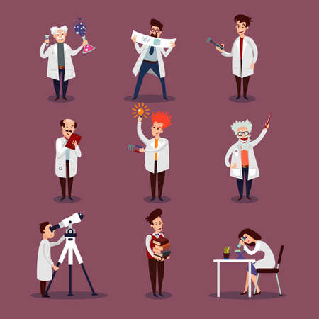 Scientists characters set with chemists biologists physicists and astronomer in different situations isolated vector illustrationのイラスト素材