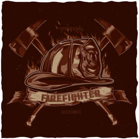 Firefighter t-shirt label design with illustration of helmet with Crossed Axes. Hand drawn illustration.のイラスト素材