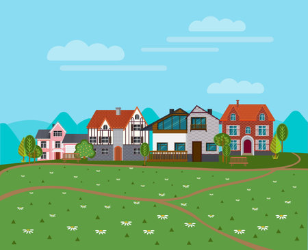Summer rural landscape background with cottages suburban houses green trees and chamomile flowers vector illustrationのイラスト素材