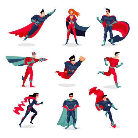Superheroes characters set with people wearing colorful costumes in different poses and actions isolated vector illustrationのイラスト素材