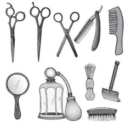Vintage hairdresser tools set with scissors razor blade comb mirror sprayer brushes in sketch style isolated vector illustrationのイラスト素材