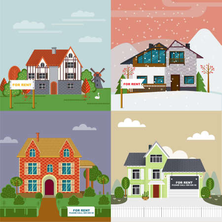 Colorful villas and cottages flat set for rent with different architecture and exterior vector illustrationのイラスト素材
