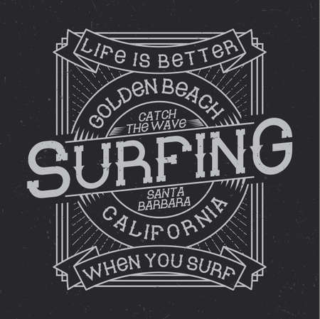 Surfing typography, t-shirt graphics, emblem and label designのイラスト素材