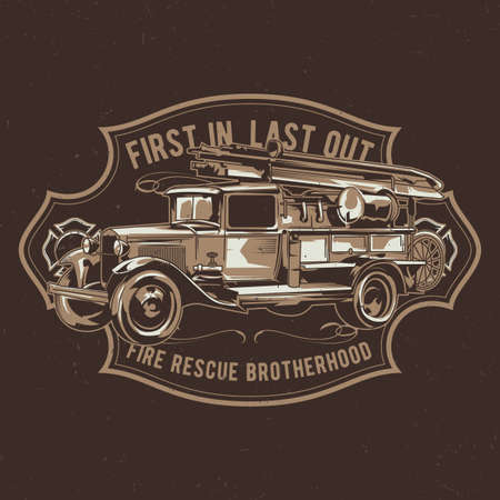 T-shirt label design with illustration of vintage fire truck. Hand drawn illustration.