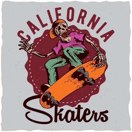 Skateboard t-shirt label design with illustration of skeleton playing skateboard. Hand drawn illustration.のイラスト素材