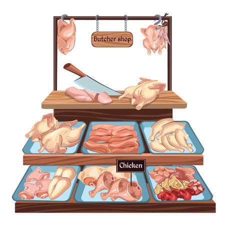 Hand drawn butcher shop concept with knife and different chicken meat parts on counter vector illustrationのイラスト素材