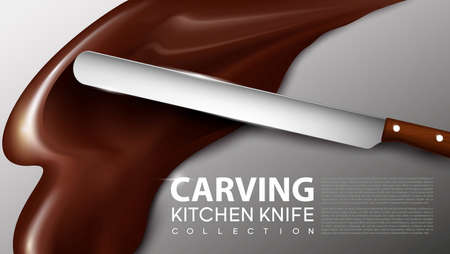 Realistic carving kitchen knife concept with sharp blade and wooden handle on chocolate splash background vector illustrationのイラスト素材