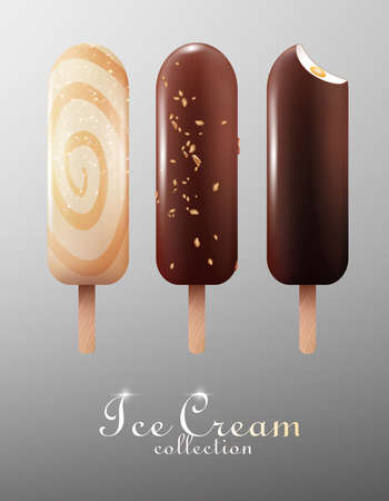Realistic classic ice cream eskimo set with white milk and dark chocolate glazes isolated vector illustrationのイラスト素材
