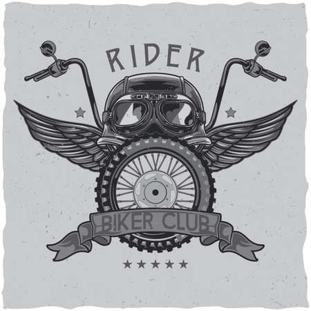 Motorcycle theme t-shirt label design with illustration of helmet, glasses, wheel and wingsのイラスト素材