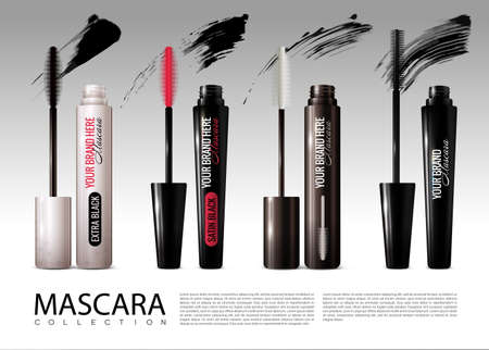 Realistic cosmetic mascara collection of different colors with black brush trace strokes isolated vector illustrationのイラスト素材
