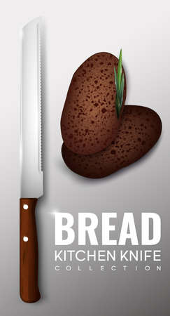 Realistic kitchen knife concept for bakery products cutting and loafs of bread on gray background isolated vector illustrationのイラスト素材