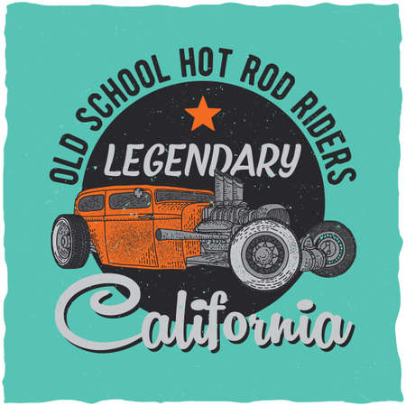Vintage hot rod t-shirt label design with illustration of custom speed car. Hand drawn illustration.のイラスト素材