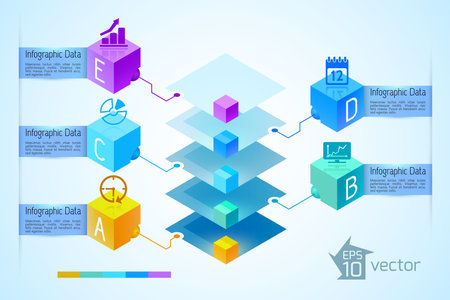 Business infographic concept with colorful diamond pyramid five text banners and icons on 3d squares vector illustrationのイラスト素材