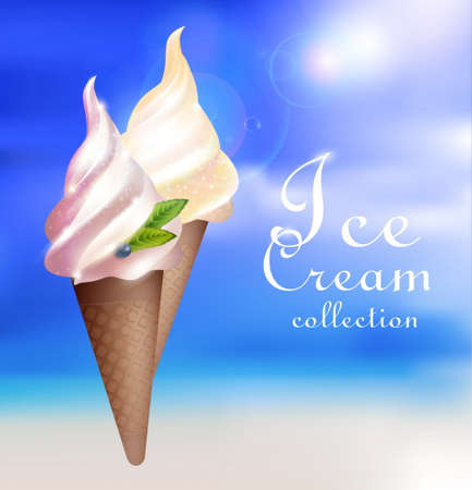 Realistic sundae ice cream concept with vanilla and caramel flavors in waffle cones isolated vector illustrationのイラスト素材