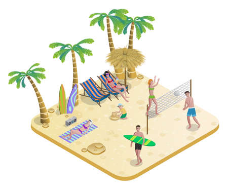 Isometric people on tropical beach concept with sunbathing volleyball surfing palm trees boombox sand castle isolated vector illustrationのイラスト素材