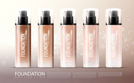 Foundation skin treatment realistic template with cosmetic bottles of cream for body care on blurred background vector illustrationのイラスト素材