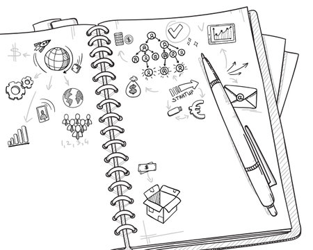 Sketch monochrome business concept with teamwork strategy marketing and financial elements drawing in notebook vector illustrationのイラスト素材