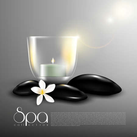 Beauty spa realistic template with glowing candle in glass black stones and chamomile flower vector illustrationのイラスト素材