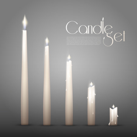 Aromatic burning candles animation set in realistic style on gray background isolated vector illustrationのイラスト素材