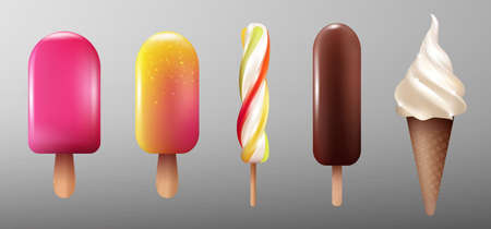 Realistic ice cream collection with eskimo glaze caramel sweet products on stick and sundae isolated vector illustrationのイラスト素材