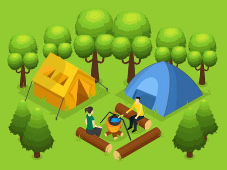 Colorful backpacking and outdoor recreation concept with people cooking food tents and green trees in isometric style vector illustrationのイラスト素材