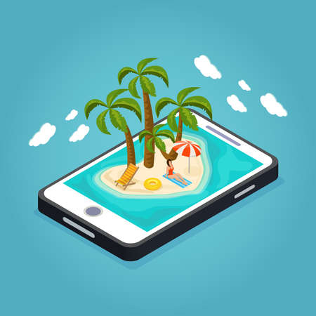 Isometric beach vacation mobile concept with woman sunbathing lifebuoy chaise lounge umbrella palms on island vector illustrationのイラスト素材