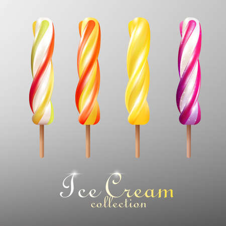 Realistic colorful ice cream set of different flavors on gray background isolated vector illustrationのイラスト素材