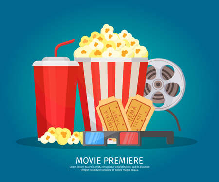 Cinema elements concept with soda drink popcorn filmstrip glasses and tickets on light background isolated vector illustrationのイラスト素材