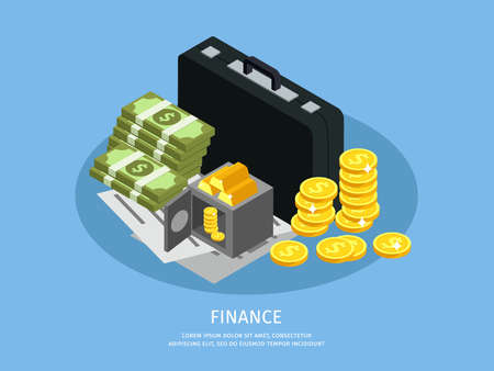 Isometric business finance concept with briefcase opened safe gold coins contracts agreements and money stacks isolated vector illustrationのイラスト素材