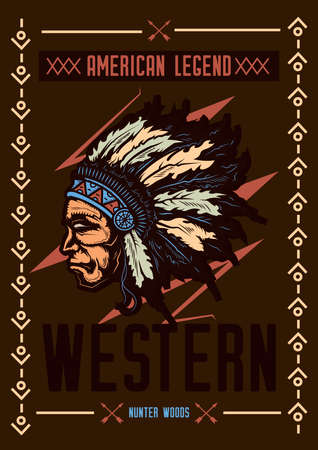 T-shirt or poster design with illustraion of native american with a hat.のイラスト素材