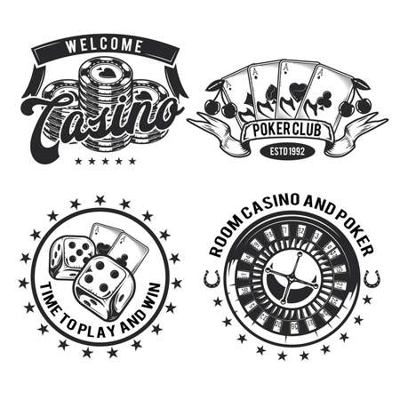 Set of casino elements (cards, chips and roulette) emblems, labels, badges, logos. Isolated on whiteのイラスト素材