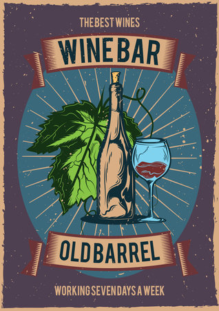 T-shirt or poster design with illustraion of a bottle of wine and a glass.のイラスト素材