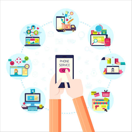 Phone service flat elements with online shopping support banking education delivery chat booking isolated vector illustrationのイラスト素材
