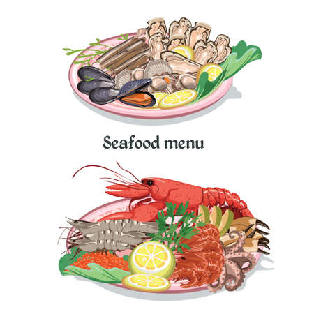 Sketch colorful seafood menu concept with shrimp octopus shellfish lobster oyster scallop mussel products on plates vector illustrationのイラスト素材
