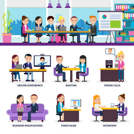 Business people meeting set in different negotiation situations in flat style vector illustrationのイラスト素材